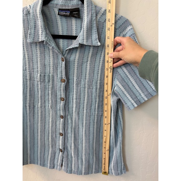 Patagonia Organic Cotton Button Up Short Sleeve Shirt Blue Stripe L - Picture 4 of 6